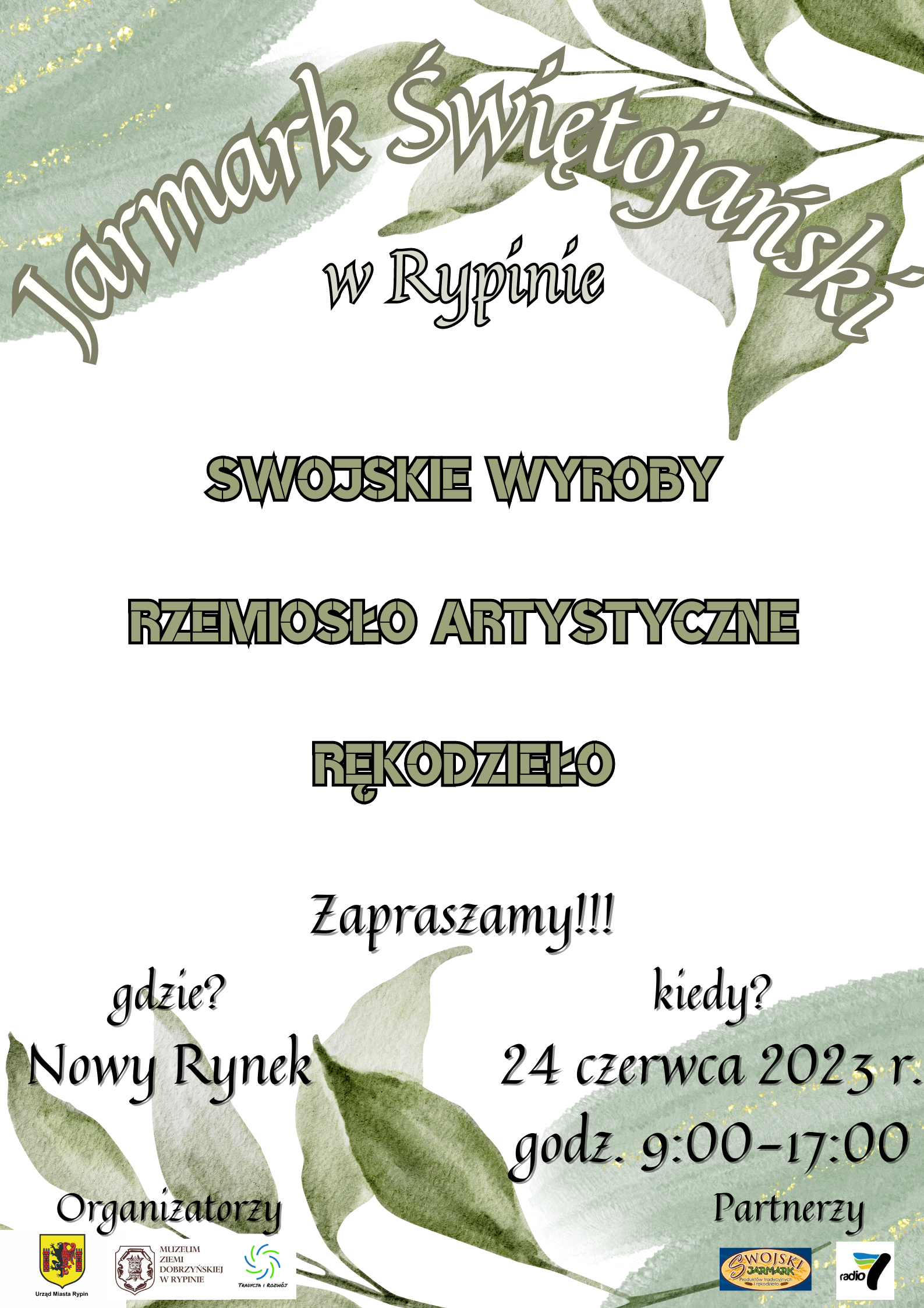 Obrazek przedstawia plakat zapraszający na Jarmark Świętojański. W tle zielone liście