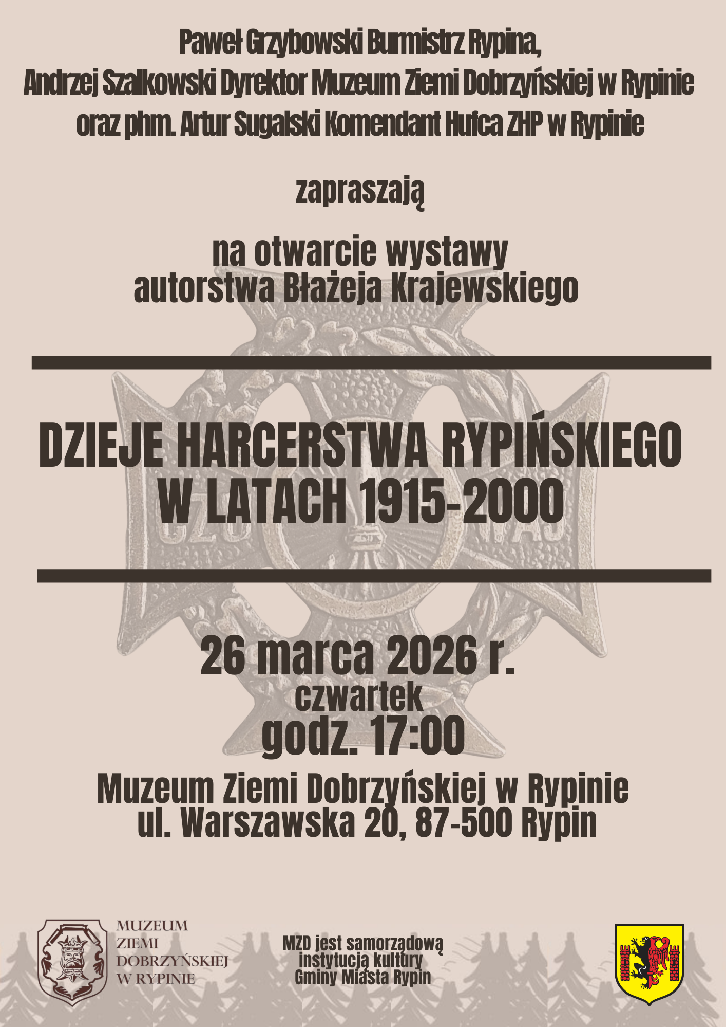 Plakat zapraszający na wydarzenie. W tle znak harcerstwa.